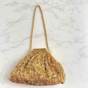 Vintage Mary Norton Zelda Bag, Gold Sequin Evening Clutch, Chain Strap Purse